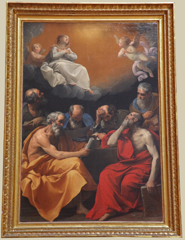 Painting in the Hermitage in Saint Petersburg in Russia by Guido Reni depicting Fathers of the Church discussing the Dogma of the Immaculate Conception.